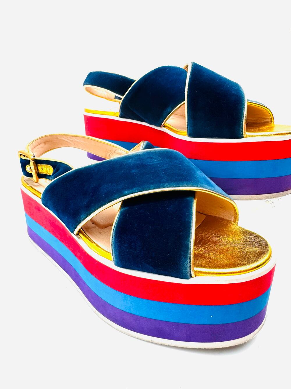 Gucci Peggy Blue Velvet Platform Sandals Crossover Strap EU 37.5 - Picture 1 of 9